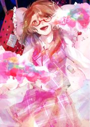 Rule 34 | 1girl, bad id, bad pixiv id, bed, brown eyes, brown hair, colorful, glasses, long sleeves, low twintails, no headwear, no headwear, open mouth, pill, pillow, plaid, red-framed eyewear, ribbon, school uniform, shirt, short hair, skirt, smile, solo, sooru0720, touhou, twintails, usami sumireko