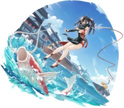 Rule 34 | 1girl, absurdres, arch bridge, architecture, azur lane, black hair, boat, covered mouth, east asian architecture, expressions, highres, koi, manjuu (azur lane), multicolored hair, non-web source, official alternate costume, official art, red eyes, river, scarf, scarf over mouth, two-tone hair, u-47 (azur lane), u-47 (hook line and sinker) (azur lane), watercraft, white hair