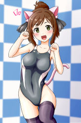 Rule 34 | 1girl, animal ears, black one-piece swimsuit, black thighhighs, blurry, breasts, brown hair, cat ears, cat tail, checkered background, competition swimsuit, cowboy shot, depth of field, fangs, green eyes, haruno yomogi, highres, idolmaster, idolmaster cinderella girls, looking at viewer, maekawa miku, medium breasts, one-piece swimsuit, paw pose, ponytail, solo, standing, standing on one leg, swimsuit, tail, thighhighs
