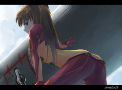 Rule 34 | 00s, 1girl, ass, bent over, bodysuit, brown eyes, brown hair, butt crack, from below, kakuno, letterboxed, multicolored clothes, neon genesis evangelion, plugsuit, rebuild of evangelion, solo, souryuu asuka langley, test plugsuit, twintails