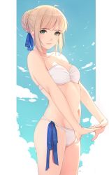 Rule 34 | 1girl, ahoge, arched back, artoria pendragon (fate), bandeau, bare arms, bare shoulders, bikini, bird, blonde hair, blue ribbon, blue sky, braid, breasts, caidychen, cleavage, closed mouth, cloud, commentary request, cowboy shot, day, fate/stay night, fate (series), french braid, from side, green eyes, groin, hair bun, hair ribbon, highres, interlocked fingers, looking at viewer, medium breasts, navel, outdoors, own hands together, ribbon, short hair, side-tie bikini bottom, sidelocks, single hair bun, skirt, sky, smile, solo, standing, stomach, strapless, strapless bikini, swimsuit, white bikini