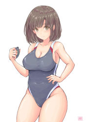 Rule 34 | 1girl, absurdres, artist logo, bad id, bad pixiv id, black one-piece swimsuit, blush, breasts, brown eyes, brown hair, collarbone, competition swimsuit, contrapposto, cowboy shot, hand on own hip, highres, katou megumi, large breasts, looking at viewer, medium breasts, one-piece swimsuit, saenai heroine no sodatekata, simple background, smile, solo, standing, stopwatch, swimsuit, tong shui, watch, white background, wide hips