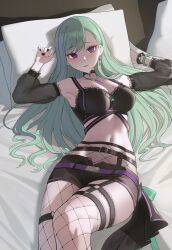 Rule 34 | 1girl, absurdres, armpits, arms up, bare shoulders, bed, belt, black choker, black nails, black shirt, black shorts, bracelet, breasts, choker, cleavage, crop top, detached sleeves, earrings, enj0221, fishnet pantyhose, fishnets, garter belt, green hair, highres, jewelry, lace trim, large breasts, long hair, long sleeves, looking at viewer, lying, midriff, mole, mole on breast, nail polish, navel, necklace, on back, on bed, open fly, pantyhose, pillow, purple eyes, see-through, see-through sleeves, shirt, short shorts, shorts, sleeveless, sleeveless shirt, solo, stomach, swept bangs, thighs, virtual youtuber, vspo!, yakumo beni, yakumo beni (1st costume)