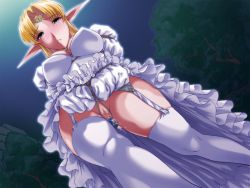 Rule 34 | 1girl, bdsm, blonde hair, blush, bondage, bound, breasts, dildo, dress, elf, from below, game cg, green eyes, outdoors, pointy ears, pussy, pussy juice, rope, sex toy, shibari, shibari over clothes, sky, solo, splush wave, thighhighs, tiara, uncensored, vaginal, white lady