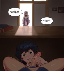 Rule 34 | 1boy, 2girls, assertive female, athos (athosart), black hair, blue hair, blush, brother and sister, clothed sex, commission, commissioner upload, desk, door, english text, fellatio, fire emblem, fire emblem: genealogy of the holy war, fire emblem heroes, handjob, hetero, highres, julia (fire emblem), larcei (fire emblem), long hair, looking at viewer, male pubic hair, multiple girls, nintendo, open mouth, oral, penis, pink hair, pov, pubic hair, seliph (fire emblem), short hair, siblings, smile, speech bubble, stealth fellatio, stealth sex, talking, uncensored, under table
