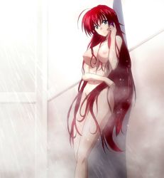 Rule 34 | 10s, 1girl, bathing, breasts, cellphone, censored, cleavage, collarbone, convenient censoring, green eyes, high school dxd, highres, hip focus, knees, large breasts, legs, navel, nipples, nude, phone, red hair, rias gremory, smile, solo, standing, stitched, third-party edit, wet