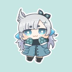 Rule 34 | 1girl, :3, and uge, black footwear, black shirt, blue background, blue coat, blue eyes, blue mittens, blush, bright pupils, buttons, chibi, closed mouth, coat, commentary, full body, grey hair, grey skirt, hair ornament, hairpods, highres, long hair, looking at viewer, medium bangs, mittens, nanashi inc., outline, sanpaku, shiechyan, shirt, shoes, simple background, skirt, smile, solo, symbol-only commentary, thick eyebrows, virtual youtuber, white outline, white pupils, winding key, x hair ornament