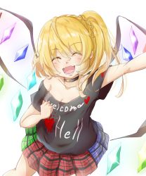 Rule 34 | 1girl, :d, ^ ^, arm up, bare shoulders, black choker, black shirt, blonde hair, blue skirt, breasts, choker, cleavage, clenched hand, closed eyes, clothes writing, commentary request, cosplay, cowboy shot, crystal, ear piercing, facing viewer, fangs, flandre scarlet, green skirt, gumi (fwjn7284), hair between eyes, hand on own chest, heart, hecatia lapislazuli, hecatia lapislazuli (cosplay), highres, long hair, medium breasts, miniskirt, multicolored clothes, multicolored skirt, no headwear, off-shoulder shirt, off shoulder, one side up, open mouth, piercing, plaid, plaid skirt, pleated skirt, red skirt, shirt, short sleeves, simple background, skin fangs, skirt, smile, solo, t-shirt, touhou, white background, wings