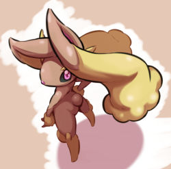 Rule 34 | 1girl, animal nose, ass, black sclera, body fur, brown background, brown fur, brown theme, colored sclera, creatures (company), female focus, from above, from behind, full body, fumirumochigashin, furry, furry female, game freak, gen 4 pokemon, hand on own hip, legs apart, looking at viewer, looking back, looking up, lopunny, nintendo, pink eyes, pokemon, pokemon (creature), rabbit ears, rabbit girl, rabbit tail, simple background, solo, standing, two-tone background, two-tone fur, yellow fur