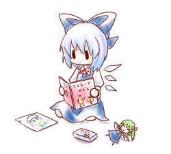 Rule 34 | 1girl, bad id, bad pixiv id, blue hair, bow, character doll, child&#039;s drawing, cirno, daiyousei, doll, female focus, full body, kuromame (8gou), letty whiterock, reading, sitting, solo, touhou, white background