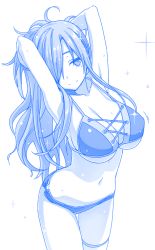 Rule 34 | 1girl, arms behind head, arms up, bikini, blue theme, breasts, cleavage, cowboy shot, female focus, hair over one eye, himura kiseki, large breasts, long hair, looking at viewer, mole, mole under eye, monochrome, navel, original, simple background, smile, solo, swimsuit, thigh strap, wet, white background