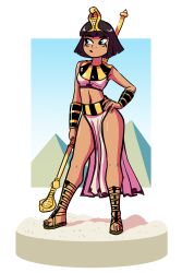 Rule 34 | 1girl, airi (siebe wierdsma), bare legs, black hair, blue eyes, egyptian, egyptian clothes, gladiator sandals, hand on own hip, highres, holding, holding scepter, looking to the side, midriff, original, pelvic curtain, sand, sandals, scepter, short hair, siebe wierdsma, solo, standing