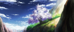 Rule 34 | aoha (twintail), blue sky, cherry blossoms, cliff, cloud, cloudy sky, commentary request, day, grass, highres, mountain, no humans, outdoors, scenery, sky, tree