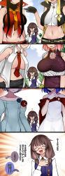 Rule 34 | !, !!, +++, 4koma, 6+girls, puff of air, alternate breast size, alternate costume, alternate hairstyle, aoshima, arm under breasts, arms at sides, bandaged arm, bandages, bare arms, bare shoulders, belt, between breasts, black hair, blonde hair, blue hair, breast envy, breasts, brown hair, china dress, chinese clothes, closed eyes, closed mouth, collarbone, comic, crop top, day, dress, flower, fujiwara no mokou, glasses, gloves, hakurei reimu, hand in pocket, hand on own chest, hand up, head out of frame, highres, ibaraki kasen, kirisame marisa, komeiji satori, large breasts, leaning forward, long hair, long sleeves, looking at another, lowleg, medium hair, midriff, multiple girls, navel, necktie, necktie between breasts, open mouth, outdoors, pink flower, pink rose, pocket, purple hair, red-framed eyewear, red hair, red necktie, relief, remilia scarlet, rose, semi-rimless eyewear, shaded face, shirt, sigh, sleeveless, sleeveless shirt, small breasts, smile, stomach, touhou, translation request, under-rim eyewear, usami sumireko, very long hair, vest, white hair