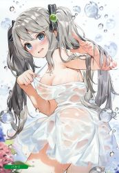 Rule 34 | 1girl, absurdres, blue eyes, blush, breasts, cowboy shot, dress, from behind, grey hair, hair ribbon, highres, leaning forward, long hair, looking at viewer, looking back, medium breasts, melonbooks, panties, parsley-f, ribbon, scan, see-through, sideboob, sidelocks, solo, sparkle, twintails, underwear, water drop, wet, wet clothes, wet hair, white dress, white panties