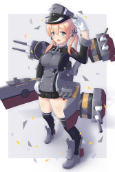 Rule 34 | 1girl, absurdres, aqua eyes, arthur ko, bad anatomy, bad perspective, black skirt, black thighhighs, blonde hair, breasts, full body, gloves, hair between eyes, hat, highres, kantai collection, large breasts, long hair, long sleeves, low twintails, machinery, military, military hat, military uniform, open mouth, peaked cap, pleated skirt, prinz eugen (kancolle), skirt, solo, standing, thighhighs, turret, twintails, uniform, white gloves