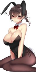 Rule 34 | 1girl, animal ears, bare shoulders, blush, bow, bowtie, breasts, brown eyes, brown hair, brown pantyhose, cleavage, covered navel, detached collar, fake animal ears, fake tail, highres, kaga (kancolle), kantai collection, large breasts, leotard, looking at viewer, onineko-chan, pantyhose, playboy bunny, rabbit ears, rabbit tail, short hair, side ponytail, simple background, sitting, solo, squiggle, strapless, strapless leotard, sweat, tail, wariza, white background