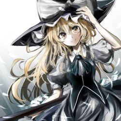 Rule 34 | &gt;:), 1girl, apron, bad id, bad pixiv id, blonde hair, bow, broom, hand on headwear, hat, highres, kirisame marisa, long hair, looking at viewer, puffy short sleeves, puffy sleeves, short sleeves, simple background, smile, solo, swav, tosk (swav-coco), touhou, upper body, v-shaped eyebrows, waist apron, witch hat, yellow eyes