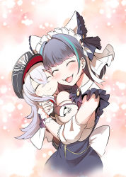 Rule 34 | 2girls, :d, ^ ^, ascot, azur lane, breasts, cape, cheek-to-cheek, cheshire (azur lane), cleavage, closed eyes, detached collar, detached sleeves, fur-trimmed cape, fur trim, graf zeppelin (azur lane), grey hair, hat, heads together, hug, long hair, maid, maid headdress, multicolored hair, multiple girls, open mouth, peaked cap, short hair, size difference, smile, steed (steed enterprise), two-tone hair, zeppy (azur lane)
