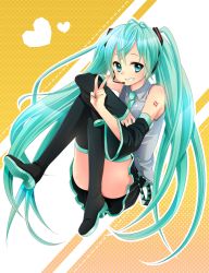 Rule 34 | 1girl, aqua eyes, aqua hair, bad id, bad pixiv id, boots, detached sleeves, grin, hatsune miku, headset, highres, kuune rin, long hair, necktie, skirt, smile, solo, thigh boots, thighhighs, twintails, v, very long hair, vocaloid