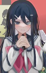 Rule 34 | 1girl, black hair, blue sailor collar, bow, bowtie, danganronpa: trigger happy havoc, danganronpa (series), grey eyes, grey shirt, hair ornament, hairclip, hands up, highres, holding, holding knife, knife, long hair, maizono sayaka, ni boshi, pink bow, pink bowtie, sailor collar, shirt, solo, sweatdrop, upper body