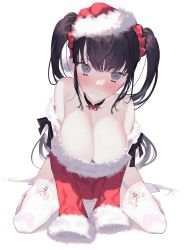 Rule 34 | 1girl, absurdres, bad id, bad pixiv id, bare shoulders, black hair, blush, breasts, cleavage, commentary request, grey eyes, hat, highres, large breasts, long hair, looking at viewer, naomasap, original, santa hat, seiza, simple background, sitting, solo, thighhighs, twintails, v arms, very long hair, white background, white thighhighs