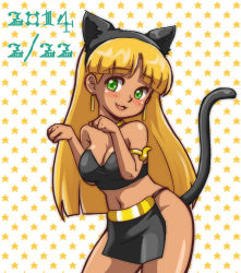 Rule 34 | 10s, 1girl, 2014, animal ears, blonde hair, blush, cat ears, cat tail, choker, claire (hihouden), dated, earrings, green eyes, hairband, hihouden, jewelry, kemonomimi mode, long hair, navel, paw pose, smile, solo, star (symbol), starry background, tail, yuuya (blue scarab)