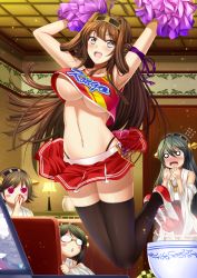 Rule 34 | 10s, 4girls, :d, :o, ahoge, alternate costume, arm ribbon, armpits, arms up, black hair, black legwear, black panties, blank eyes, blood, blush, blush stickers, bowl, breasts, brown hair, ceiling, character name, cheerleader, circle skirt, clothes lift, clothes writing, computer, couch, covered mouth, crop top, crop top overhang, cross-laced clothes, cup, detached sleeves, door, double bun, eyebrows, flying sweatdrops, frills, glasses, green hair, grey eyes, hair between eyes, hair bun, hair intakes, hairband, hakama, hakama short skirt, hakama skirt, haruna (kancolle), headgear, heart, heart-shaped eyes, hiei (kancolle), highleg, highleg panties, indoors, japanese clothes, jumping, kantai collection, kirishima (kancolle), kongou (kancolle), lamp, laptop, large breasts, light particles, long hair, looking at another, looking at viewer, midriff, miniskirt, multiple girls, navel, no bra, nontraditional miko, nosebleed, opaque glasses, open mouth, panties, pleated skirt, pom pom (cheerleading), purple ribbon, red skirt, ribbon, shibata rai, shoes, short hair, side-tie skirt, skirt, skirt lift, sleeveless, smile, sneakers, sparkle, steam, swept bangs, tassel, tea, teacup, thighhighs, underboob, underwear, vase, wall, wavy mouth, wide sleeves, yuri