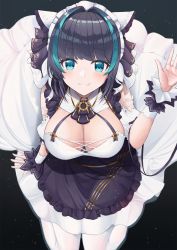 Rule 34 | 1girl, animal ears, apron, aqua eyes, azur lane, black hair, breasts, cat ears, cheshire (azur lane), detached sleeves, dress, fang, frilled hairband, frilled headband, frills, hair ribbon, hairband, highres, large breasts, looking at viewer, looking up, maid, maid headdress, multicolored hair, puffy detached sleeves, puffy sleeves, purple apron, ribbon, skin fang, smile, solo, sora (men0105), streaked hair, thighhighs, waving, white thighhighs, wrist cuffs