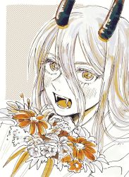 Rule 34 | 1girl, am4 pm4, ben-day dots, blush, bouquet, chainsaw man, eyelashes, fang, fangs, flower, hair between eyes, highres, horns, long hair, looking at viewer, open mouth, power (chainsaw man), screentones, sharp teeth, smile, solo, teeth, tongue, unusual pupils