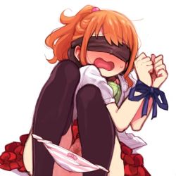 Rule 34 | 10s, 1girl, bdsm, blindfold, blue ribbon, blush, bondage, bound, bound wrists, eromanga sensei, female pubic hair, frilled skirt, frills, green shirt, jinno megumi, looking at viewer, open mouth, orange hair, panties, panty pull, ponytail, pubic hair, pussy, red skirt, restrained, ribbon, scrunchie, shirt, short sleeves, sitting, skirt, solo, striped clothes, striped panties, sweatdrop, thighhighs, ukokkei, underwear