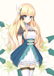 Rule 34 | 1girl, absurdres, arm behind back, blonde hair, blue eyes, blunt bangs, blush, breasts, capelet, cloak, hair ribbon, highres, long hair, looking at viewer, maid daisuki, medium breasts, pointy ears, princess connect!, ribbon, saren (princess connect!), solo, standing, thighhighs, white background, white thighhighs