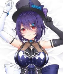 Rule 34 | 1girl, aogiri koukou, asymmetrical gloves, bare shoulders, bed sheet, black gloves, black headwear, blue hair, breast mousepad, breasts, closed mouth, elbow gloves, gloves, hair between eyes, hair ornament, hairclip, hat, highres, large breasts, looking at viewer, lying, mismatched gloves, mousepad, on back, otodama tamako, red eyes, reisen balrog, short hair, smile, virtual youtuber, white gloves