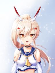 Rule 34 | 1girl, absurdres, ayanami (azur lane), azur lane, bandaid, bandaid on arm, bare shoulders, black choker, blonde hair, blush, choker, commentary request, crop top, detached sleeves, hair between eyes, headgear, highres, long hair, looking at viewer, neckerchief, open mouth, ponytail, red eyes, ryon y0421, school uniform, serafuku, solo, upper body, yellow neckerchief