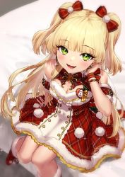 Rule 34 | 1girl, arm support, bare shoulders, blonde hair, blunt bangs, boots, breasts, cleavage, detached sleeves, dress, earrings, fangs, foot out of frame, from above, fur trim, glint, green eyes, hand in own hair, highres, idolmaster, idolmaster cinderella girls, jewelry, jougasaki rika, long hair, looking at viewer, medium breasts, on bed, open mouth, pom pom (clothes), red dress, red footwear, sitting, smile, solo, two side up, very long hair, wristband, yapo (croquis side)