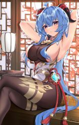 Rule 34 | 1girl, ahoge, armpits, arms behind head, arms up, bell, black bodysuit, black pantyhose, blue hair, blush, bodystocking, bodysuit, bodysuit under clothes, breasts, chinese knot, cowbell, crossed legs, detached collar, ganyu (genshin impact), genshin impact, glint, goat horns, gold trim, gradient eyes, highres, horns, indoors, lamp, large breasts, long hair, looking at viewer, multicolored eyes, neck bell, no detached sleeves, pantyhose, pelvic curtain, ponytail, purple eyes, sideboob, sitting, solo, tassel, thighs, twitter username, very long hair, vision (genshin impact), yoshitoki (kisshin)
