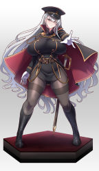 Rule 34 | 1girl, belt, boots, breasts, cape, gloves, hat, highres, huge breasts, jacket, konoshige (ryuun), long hair, looking at viewer, military, military hat, military jacket, military officer (konoshige), military uniform, narrow waist, original, pantyhose, red eyes, riding boots, sheath, simple background, solo, standing, sword, thick thighs, thighs, uniform, very long hair, weapon, white background, white hair, wide hips