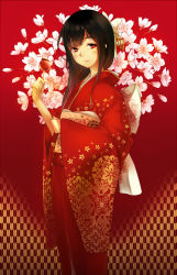 Rule 34 | 1girl, bad id, bad pixiv id, black hair, blush, candy apple, cherry blossoms, floral print, food, japanese clothes, kimono, light smile, long hair, looking at viewer, mole, mole under eye, obi, original, phantania, red background, red eyes, red theme, sash, smile, solo, standing, unmoving pattern, yagasuri