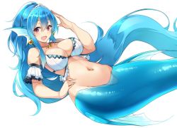 Rule 34 | 1girl, :d, bad id, bad twitter id, blue hair, breasts, detached sleeves, earrings, fang, fins, hair between eyes, hand on own hip, hand up, head fins, highres, jewelry, large breasts, long hair, looking at viewer, lying, mermaid, monster girl, navel, navel piercing, necklace, on back, open mouth, original, piercing, red eyes, simple background, smile, solo, suruga (xsurugax), tiara, very long hair, white background