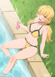 Rule 34 | 1girl, 2014, :d, ;d, arm support, artist name, bare shoulders, bikini, blonde hair, breasts, can, cleavage, collarbone, dated, drink can, grass, highres, large breasts, navel, one eye closed, open mouth, original, partially submerged, ponytail, pool, scrunchie, shiny skin, sitting, smile, soda can, solo, stormcow, swimsuit, twintails, water, yellow bikini, yellow eyes
