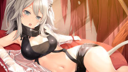 Rule 34 | 1girl, animal ears, arknights, bare shoulders, black scarf, black shorts, blush, breasts, cleavage, cosplay, crop top, earclip, grey eyes, grey hair, hololive, jacket, large breasts, lion ears, lion girl, lion tail, long hair, looking at viewer, lying, midriff, navel, off-shoulder jacket, off shoulder, on side, open mouth, scarf, schwarz (arknights), see-through, shishiro botan, short shorts, shorts, solo, tail, thighs, virtual youtuber, yasume yukito