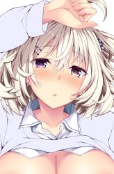 Rule 34 | 1girl, ahoge, bad id, bad twitter id, blonde hair, blush, breasts, brown eyes, cleavage, clothes lift, collared shirt, commentary, earrings, fingernails, hair ornament, hair scrunchie, hairclip, hand up, heterochromia, jewelry, large breasts, long sleeves, looking at viewer, nose blush, one side up, original, out-of-frame censoring, parted lips, popped collar, purple eyes, scrunchie, shirt, shirt lift, short hair, simple background, solo, suterii, symbol-only commentary, upper body, white background, wing collar