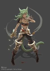 Rule 34 | 10s, 1girl, animal ears, artist name, asymmetrical clothes, bandage on face, bandaged arm, bandages, belt, blood, boots, breasts, cat ears, cat tail, claw (weapon), cleavage, clenched teeth, collar, final fantasy, final fantasy xiv, full body, green hair, high heel boots, high heels, highres, medium breasts, miqo&#039;te, moogie (shinjyu), navel, pants, purple eyes, solo, tail, tattoo, teeth, thigh boots, thighhighs, torn clothes, torn pants, warrior of light (ff14), watermark, weapon