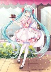 Rule 34 | 1girl, ;), ;q, absurdly long hair, apron, aqua eyes, aqua hair, black footwear, blush, cake, commentary request, dress, food, frilled apron, frills, full body, gomano rio, hair between eyes, hair ribbon, hatsune miku, highres, holding, holding plate, long hair, looking at viewer, maid headdress, mary janes, one eye closed, outdoors, pantyhose, pink dress, plate, puffy short sleeves, puffy sleeves, red ribbon, ribbon, shoes, short sleeves, smile, solo, standing, storefront, striped clothes, striped dress, tongue, tongue out, twintails, vertical-striped clothes, vertical-striped dress, very long hair, vocaloid, white apron, white pantyhose