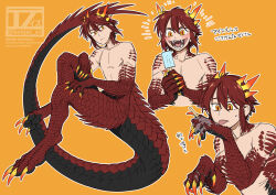 Rule 34 | 1boy, animal feet, animal hands, claws, closed mouth, digitigrade, dragon boy, dragon horns, dragon tail, fangs, food, full body, highres, holding, holding food, holding popsicle, horns, licking, licking finger, long tail, looking at viewer, male focus, monster boy, multicolored eyes, multiple horns, multiple views, open mouth, original, popsicle, red eyes, red hair, red scales, scales, short hair, simple background, slit pupils, tail, tokitsu sousaku, tongue, tongue out, yellow background, yellow eyes, yellow horns