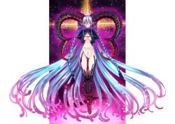 Rule 34 | 1girl, absurdly long hair, aqua hair, blush, border, braid, breasts, command spell, commentary request, curled horns, artistic error, fate/grand order, fate (series), full body, glowing, glowing eyes, gradient hair, highres, horns, long hair, long horns, looking at viewer, matsuryuu, missing limb, multicolored hair, outside border, parted lips, pink eyes, pointy ears, pubic tattoo, sky, solo, space, star (sky), starry sky, symbol-shaped pupils, tattoo, thighhighs, tiamat (fate), twin braids, very long hair, white border, x-shaped pupils