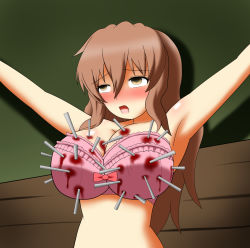 Rule 34 | 1girl, armpits, bare shoulders, blood, blush, bow, bowtie, bra, breasts, brown hair, guro, large breasts, long hair, looking up, mahou shoujo tokushusen asuka, midriff, mugen kurumi, needle, open mouth, pain, pink bra, restrained, solo, stab, torture, underwear, yellow eyes