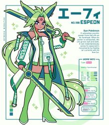 Rule 34 | 1girl, alternate color, bare shoulders, boots, color guide, commentary, creatures (company), dark-skinned female, dark skin, dress, emily kim, english commentary, english text, espeon, forehead jewel, game freak, gem, gen 2 pokemon, green dress, green hair, green jacket, highres, holding, holding sword, holding weapon, jacket, nintendo, personification, pokemon, red gemstone, shiny pokemon, simple background, sleeveless, sparkle, stats, sword, twitter username, weapon