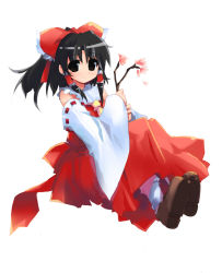 Rule 34 | 1girl, black hair, blush, breasts, brown eyes, dress, female focus, hakurei reimu, long sleeves, looking at viewer, looking back, red dress, ribbon-trimmed sleeves, ribbon trim, shin (new), simple background, small breasts, solo, touhou, white background, wrist cuffs