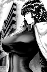 Rule 34 | 1girl, absurdres, breasts, building, city, closed mouth, cloud, cloudy sky, coat, dress, fubuki (one-punch man), fur coat, greyscale, highres, huge breasts, long sleeves, monochrome, mostlybluewyatt, one-punch man, outdoors, profile, short hair, sky, solo